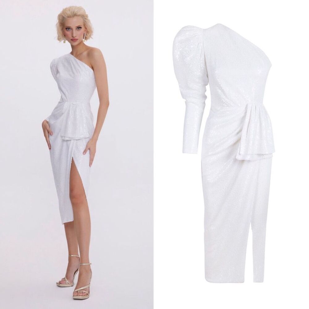 Neiman Marcus Gigii's Sequin Dress White One Sleeve‎ Midi Bridal Wedding